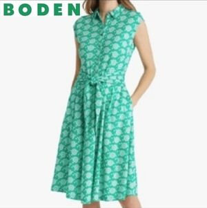 🇬🇧 Boden Green Sleeveless Cotton Front-Tie Floral Print Midi Dress
